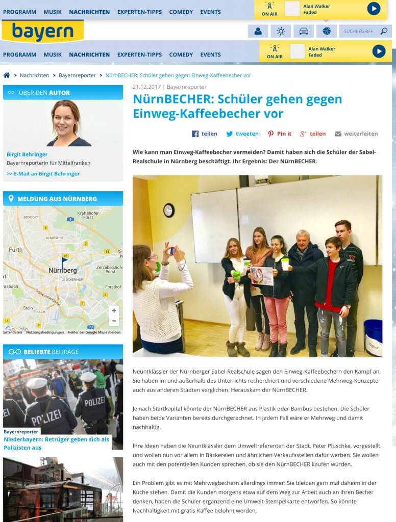 Screenshot von einem Artikel zum Nürnbecher auf antenne.de